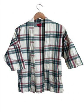 Killion Men's Modern Kimono Flannel S Red Green Plaid Cotton Open Front Cardigan
